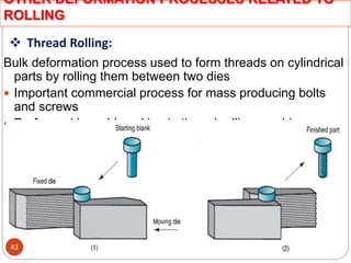  Thread Rolling:
Bulk deformation process used to form threads on cylindrical
parts by rolling them between two dies
 Important commercial process for mass producing bolts
and screws
 Performed by cold working in thread rolling machines
OTHER DEFORMATION PROCESSES RELATED TO
ROLLING
43
 