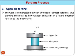 Forging Process
1. Open-die forging:
 The work is compressed between two flat (or almost flat) dies, thus
allowing the metal to flow without constraint in a lateral direction
relative to the die surfaces
56
 