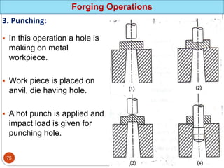 Forging Operations
3. Punching:
 In this operation a hole is
making on metal
workpiece.
 Work piece is placed on
anvil, die having hole.
 A hot punch is applied and
impact load is given for
punching hole.
75
 