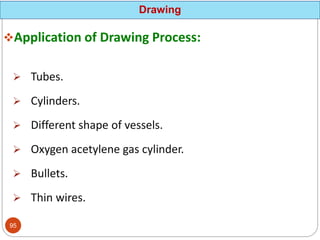 Application of Drawing Process:
 Tubes.
 Cylinders.
 Different shape of vessels.
 Oxygen acetylene gas cylinder.
 Bullets.
 Thin wires.
Drawing
95
 