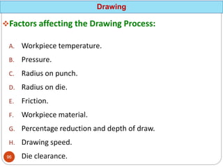 Factors affecting the Drawing Process:
A. Workpiece temperature.
B. Pressure.
C. Radius on punch.
D. Radius on die.
E. Friction.
F. Workpiece material.
G. Percentage reduction and depth of draw.
H. Drawing speed.
I. Die clearance.
Drawing
96
 