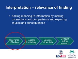 Interpretation – relevance of finding
 Adding meaning to information by making
connections and comparisons and exploring
causes and consequences
Relevance
of finding
Reasons
for finding
Consider
other data
Conduct
further
research
 