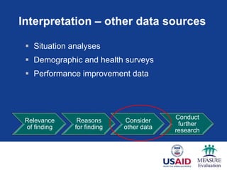 Interpretation – other data sources
 Situation analyses
 Demographic and health surveys
 Performance improvement data
Relevance
of finding
Reasons
for finding
Consider
other data
Conduct
further
research
 