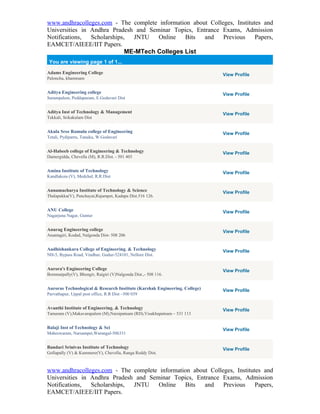 www.andhracolleges.com - The complete information about Colleges, Institutes and
Universities in Andhra Pradesh and Seminar Topics, Entrance Exams, Admission
Notifications,  Scholarships,  JNTU   Online   Bits   and    Previous     Papers,
EAMCET/AIEEE/IIT Papers.
                             ME-MTech Colleges List
 You are viewing page 1 of 1...

Adams Engineering College                                                   View Profile
Paloncha, khammam


Aditya Engineering college                                                  View Profile
Surampalem, Peddapuram, E.Godavari Dist


Aditya Inst of Technology & Management                                      View Profile
Tekkali, Srikakulam Dist


Akula Sree Ramulu college of Engineering                                    View Profile
Tetali, Pydiparru, Tanuku, W.Godavari


Al-Habeeb college of Engineering & Technology                               View Profile
Damergidda, Chevella (M), R.R.Dist. - 501 403


Amina Institute of Technology                                               View Profile
Kandlakoia (V), Medchal, R.R.Dist


Annamacharya Institute of Technology & Science                              View Profile
Thalapakka(V), Panchayat,Rajampet, Kadapa Dist.516 126.


ANU College                                                                 View Profile
Nagarjuna Nagar, Guntur


Anurag Engineering college                                                  View Profile
Anantagiri, Kodad, Nalgonda Dist- 508 206


Audhishankara College of Engineering. & Technology                          View Profile
NH-5, Bypass Road, Vindhur, Gudur-524101, Nellore Dist.


Aurora's Engineering College                                                View Profile
Bommaipally(V), Bhongir, Raigiri (V)Nalgonda Dist.,- 508 116.


Auroras Technological & Research Institute (Karshak Engineering. College)   View Profile
Parvathapur, Uppal post office, R.R Dist –500 039


Avanthi Institute of Engineering. & Technology                              View Profile
Tamaram (V),Makavarapalem (M),Narsipatnam (RD),Visakhapatnam – 531 113


Balaji Inst of Technology & Sci                                             View Profile
Maheswaram, Narsampet,Warangal-506331


Bandari Srinivas Institute of Technology                                    View Profile
Gollapally (V) & Kummere(V), Chevella, Ranga Reddy Dist.



www.andhracolleges.com - The complete information about Colleges, Institutes and
Universities in Andhra Pradesh and Seminar Topics, Entrance Exams, Admission
Notifications,  Scholarships, JNTU    Online   Bits   and    Previous     Papers,
EAMCET/AIEEE/IIT Papers.
 