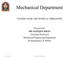 Mechanical Department
COURSE NAME: MECHANICAL VIBRATIONS
Prepared By:
MD ATEEQUE KHAN
(Assistant Professor)
Mechanical Engineering Department
JIT,Barabanki,U.P. INDIA
12/31/2016 1NME-013 MA KHAN
 