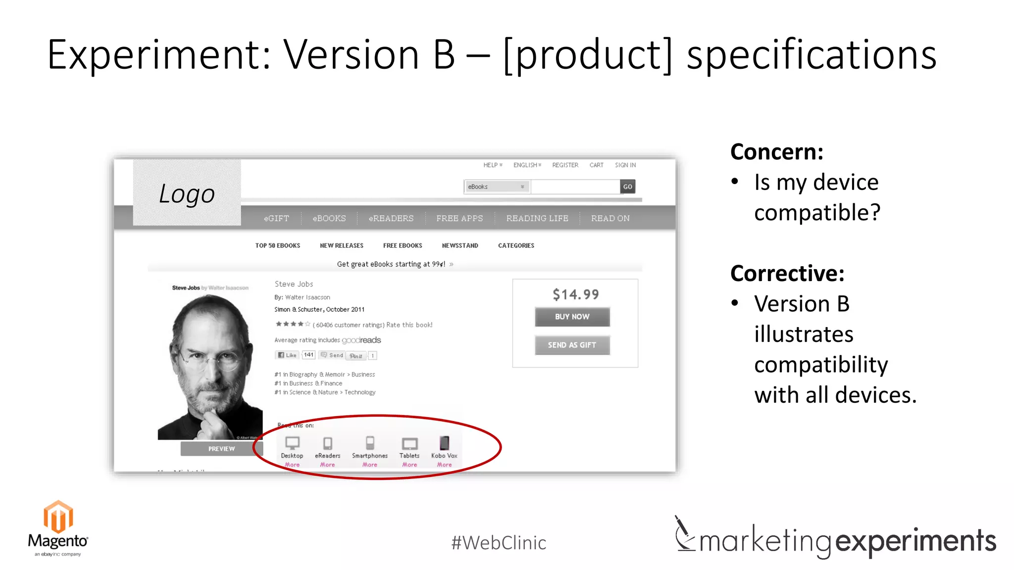 #WebClinic
Experiment: Version B – [product] specifications
Logo
Concern:
• Is my device
compatible?
Corrective:
• Version B
illustrates
compatibility
with all devices.
 