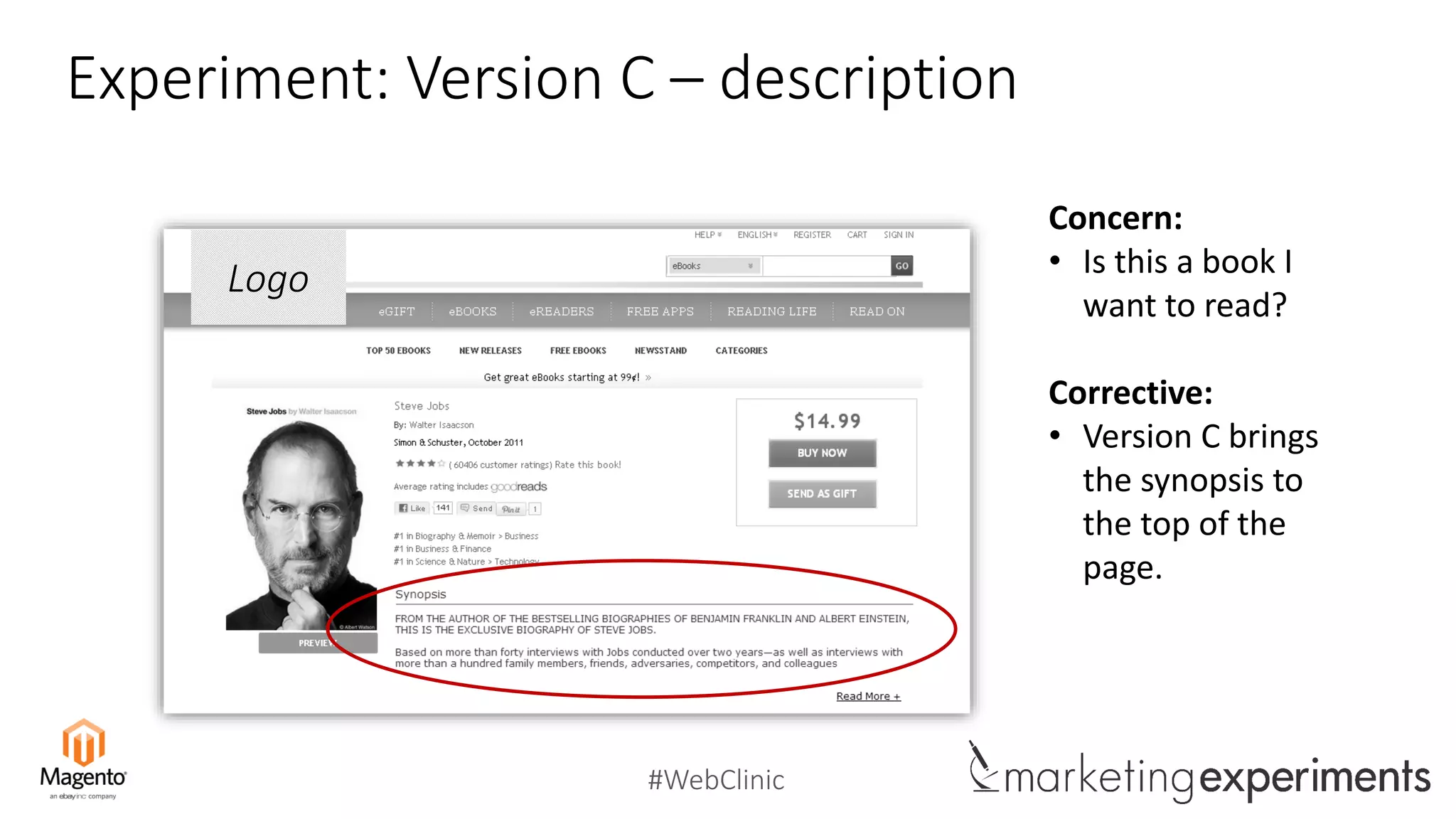 #WebClinic
Experiment: Version C – description
Logo
Concern:
• Is this a book I
want to read?
Corrective:
• Version C brings
the synopsis to
the top of the
page.
 