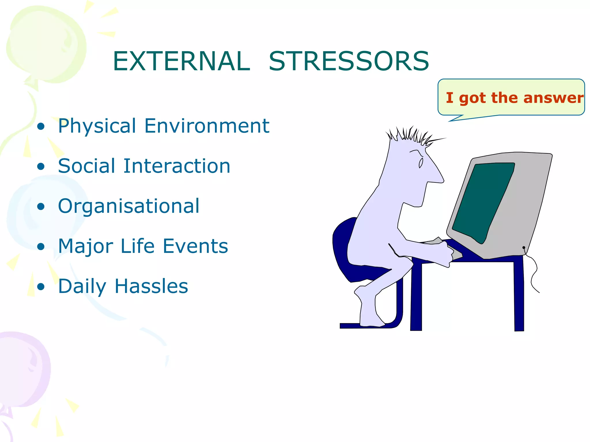 EXTERNAL STRESSORS
• Physical Environment
• Social Interaction
• Organisational
• Major Life Events
• Daily Hassles
I got the answer
 