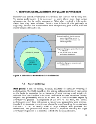 18
4. PERFORMANCE MEASUREMENT AND QUALITY IMPROVEMENT
Indicators are part of performance measurement but they are not the only part.
To assess performance, it is necessary to know about more than actual
achievements, that is quality component. What also required is information
about how they were achieved, factors that influenced this positively or
negatively, whether the achievements were exceptionally good or bad, who was
mainly responsible and so on.
Figure 5: Dimensions for Performance Assessment
4.1 Report reviewing
MoH policy: It can be weekly, monthly, quarterly or annually reviewing of
performances. The MoH should get the annual achievement report that serves
as the basis for assessing the performance of work process s and activitys in
terms of their contributions to intended health care services’ outcomes through
outputs and partnership works at all level. As a self-assessment report by
activity/work process management at all level to the MoH, the annual
performance report does not require a cumbersome preparatory work process .
Standard performance report format should be used based on the agreed core
indicators. It can be readily used to urge dialogue with partners and
stakeholder. The performance report, which is prepared annually for larger
activitys/work process s, is essential to feed into the annual review.
Systematic analysis of achievenemts
Judgment of progress
Systematic analysis of achievenemts
against goals taking account of
reasons behind performance and
influencing factors
Judgment of progress-good or bad-based
on indicators
Can also include rating on other
performance dimensions.
Verification if
progress
towards results
Verification if progress towards results
has taken place.
 