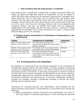 24
 How to Ensure that the work process is evaluable
Each work process should have a model that is clearly structured. Within the
model, the goals and objectives should be measurable so that the degree to
which they have been achieved can be assessed. Work process managers must
think objectively; that is, what data can be collected that will provide clear
evidence that the goals and objectives have been met? Overall, work process
managers should ensure that their work process s are serving those youth they
set out to serve, that they are collecting relevant data in an organized and
consistent fashion, that they are staffed with people with the appropriate
qualifications and knowledge, and that the work process activities are being
implemented as designed. If all of these elements are in place, a work process
will most likely prove to be evaluable.
b) Timing, purpose and duration of evaluations of interventions in the
health sector
TIMING EXAMPLES OF PURPOSES DURATION
Early in the activity/work
process cycle: Years 1–2
To check early strategy for a
particularly ambitious results (work
process /output)
Shorter
Middle of the activity/work
process cycle: Years 2–3
To prompt mid-course adjustments
in work process /output production
Medium
End of the activity/work
process cycle: Years 4–5
To check strategy for results
(outcomes) and learn lessons for the
next health care supporting strategy
formulation
Longer
6.2 Involving partners and stakeholders
An emphasis on results places an even greater emphasis on the involvement of
development partners (those with whom MoH is actively engaged in pursuing
results) and stakeholders (those with a role and/or interest in the results) in
evaluation exercises of all kinds. In particular, key partners, should be involved
in every step of an outcome evaluation of interventions in the sector. Likewise,
stakeholders affected by an evaluation should also be involved, even if they are
not directly involved in the work process or outcome. Stakeholder should be
involved, for example, through a stakeholder meeting to discuss the initial
findings of the evaluation team.
Procedures for involving partners and stakeholders, and standards for the
entire evaluation work process of interventions in the health sector include the
following:
a) Make a preliminary selection of partners and stakeholders to contact in
the early stages of evaluation planning (i.e., when selecting the outcome
 
