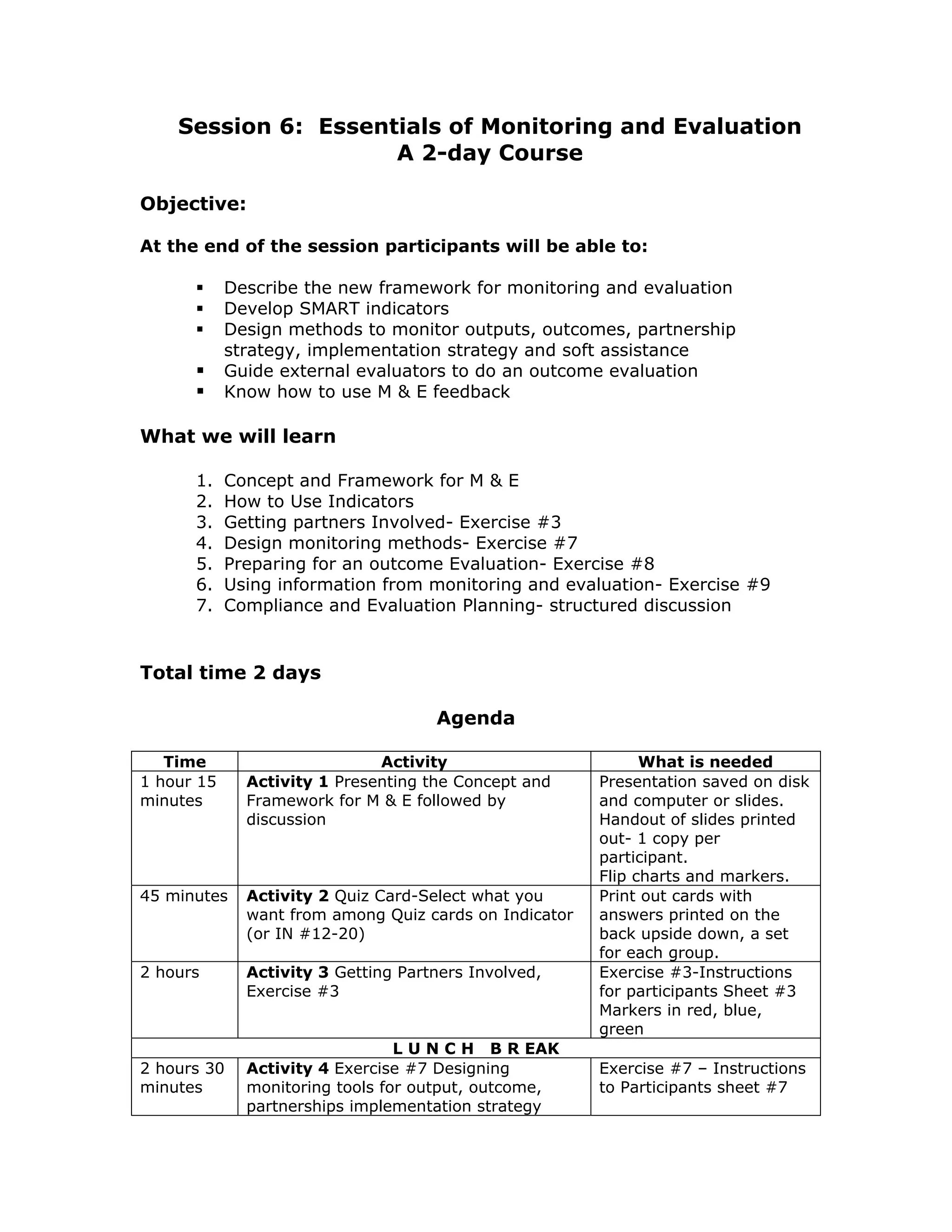 Session 6: Essentials of Monitoring and Evaluation
                     A 2-day Course

Objective:

At the end of the session participants will be able to:

            Describe the new framework for monitoring and evaluation
            Develop SMART indicators
            Design methods to monitor outputs, outcomes, partnership
            strategy, implementation strategy and soft assistance
            Guide external evaluators to do an outcome evaluation
            Know how to use M & E feedback

What we will learn

      1.    Concept and Framework for M & E
      2.    How to Use Indicators
      3.    Getting partners Involved- Exercise #3
      4.    Design monitoring methods- Exercise #7
      5.    Preparing for an outcome Evaluation- Exercise #8
      6.    Using information from monitoring and evaluation- Exercise #9
      7.    Compliance and Evaluation Planning- structured discussion


Total time 2 days

                                     Agenda

   Time                       Activity                        What is needed
1 hour 15     Activity 1 Presenting the Concept and     Presentation saved on disk
minutes       Framework for M & E followed by           and computer or slides.
              discussion                                Handout of slides printed
                                                        out- 1 copy per
                                                        participant.
                                                        Flip charts and markers.
45 minutes    Activity 2 Quiz Card-Select what you      Print out cards with
              want from among Quiz cards on Indicator   answers printed on the
              (or IN #12-20)                            back upside down, a set
                                                        for each group.
2 hours       Activity 3 Getting Partners Involved,     Exercise #3-Instructions
              Exercise #3                               for participants Sheet #3
                                                        Markers in red, blue,
                                                        green
                                 L U N C H B R EAK
2 hours 30    Activity 4 Exercise #7 Designing          Exercise #7 – Instructions
minutes       monitoring tools for output, outcome,     to Participants sheet #7
              partnerships implementation strategy
 