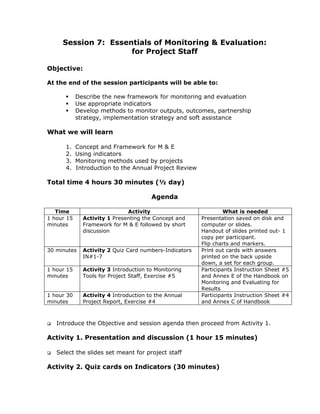 Session 7: Essentials of Monitoring & Evaluation:
                     for Project Staff

Objective:

At the end of the session participants will be able to:

            Describe the new framework for monitoring and evaluation
            Use appropriate indicators
            Develop methods to monitor outputs, outcomes, partnership
            strategy, implementation strategy and soft assistance

What we will learn

      1.    Concept and Framework for M & E
      2.    Using indicators
      3.    Monitoring methods used by projects
      4.    Introduction to the Annual Project Review

Total time 4 hours 30 minutes (½ day)

                                       Agenda

   Time                       Activity                           What is needed
1 hour 15     Activity 1 Presenting the Concept and     Presentation saved on disk and
minutes       Framework for M & E followed by short     computer or slides.
              discussion                                Handout of slides printed out- 1
                                                        copy per participant.
                                                        Flip charts and markers.
30 minutes    Activity 2 Quiz Card numbers-Indicators   Print out cards with answers
              IN#1-7                                    printed on the back upside
                                                        down, a set for each group.
1 hour 15     Activity 3 Introduction to Monitoring     Participants Instruction Sheet #5
minutes       Tools for Project Staff, Exercise #5      and Annex E of the Handbook on
                                                        Monitoring and Evaluating for
                                                        Results
1 hour 30     Activity 4 Introduction to the Annual     Participants Instruction Sheet #4
minutes       Project Report, Exercise #4               and Annex C of Handbook



   Introduce the Objective and session agenda then proceed from Activity 1.

Activity 1. Presentation and discussion (1 hour 15 minutes)

   Select the slides set meant for project staff

Activity 2. Quiz cards on Indicators (30 minutes)
 