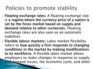  Floating exchange rates: A floating exchange rate
is a regime where the currency price of a nation is
set by the forex market based on supply and
demand relative to other currencies. Floating
exchange rates are also seen as an automatic
stabiliser.
 Flexible labour markets: Labor market flexibility
refers to how quickly a firm responds to changing
conditions in the market by making modifications
to its workforce. A flexible labor market allows
employers to make changes in response to supply
and demand issues, the economic cycle, and other
market conditions.
 