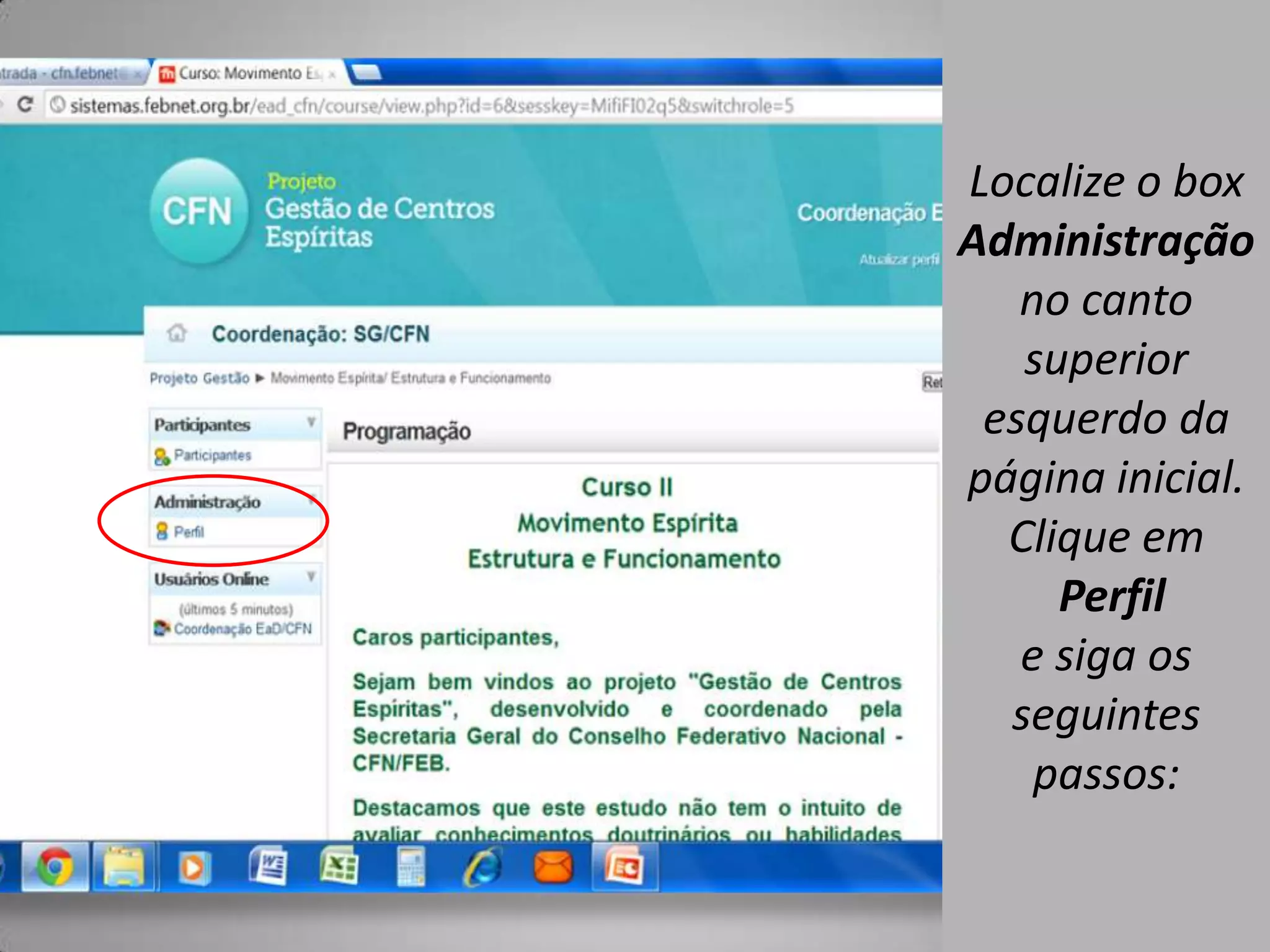 Localize o box
Administração
   no canto
   superior
 esquerdo da
página inicial.
  Clique em
     Perfil
   e siga os
  seguintes
    passos:
 
