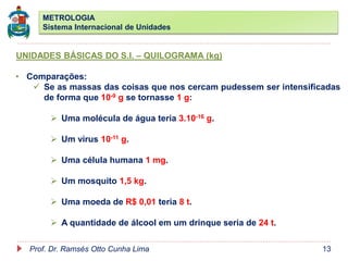 METROLOGIA
Sistema Internacional de Unidades
Prof. Dr. Ramsés Otto Cunha Lima 13
UNIDADES BÁSICAS DO S.I. – QUILOGRAMA (kg)
• Comparações:
 Se as massas das coisas que nos cercam pudessem ser intensificadas
de forma que 10-9 g se tornasse 1 g:
 Uma molécula de água teria 3.10-16 g.
 Um vírus 10-11 g.
 Uma célula humana 1 mg.
 Um mosquito 1,5 kg.
 Uma moeda de R$ 0,01 teria 8 t.
 A quantidade de álcool em um drinque seria de 24 t.
 