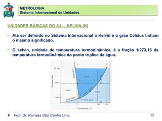 METROLOGIA
Sistema Internacional de Unidades
Prof. Dr. Ramsés Otto Cunha Lima 17
UNIDADES BÁSICAS DO S.I. – KELVIN (K)
• Até ser definido no Sistema Internacional o Kelvin e o grau Celsius tinham
o mesmo significado.
• O kelvin, unidade de temperatura termodinâmica, é a fração 1/273,16 da
temperatura termodinâmica do ponto tríplice da água.
 