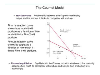 The Cournot Model
● reaction curve Relationship between a firm’s profit-maximizing
output and the amount it thinks its competitor will produce.
● Cournot equilibrium Equilibrium in the Cournot model in which each firm correctly
assumes how much its competitor will produce and sets its own production level
accordingly.
Firm 1’s reaction curve
shows how much it will
produce as a function of how
much it thinks Firm 2 will
produce.
Firm 2’s reaction curve
shows its output as a
function of how much it
thinks Firm 1 will produce.
 