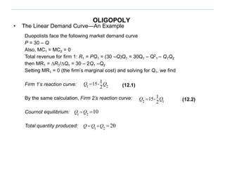 OLIGOPOLY
• The Linear Demand Curve—An Example
Duopolists face the following market demand curve
P = 30 – Q
Also, MC1 = MC2 = 0
Total revenue for firm 1: R1 = PQ1 = (30 –Q)Q1 = 30Q1 – Q2
1 – Q1Q2
then MR1 = ∆R1/∆Q1 = 30 – 2Q1 –Q2
Setting MR1 = 0 (the firm’s marginal cost) and solving for Q1, we find
Firm 1’s reaction curve:
By the same calculation, Firm 2’s reaction curve:
Cournot equilibrium:
Total quantity produced:
1 2
115-
2
Q Q
2 1
115-
2
Q Q
1 2
10Q Q 
1 2
20Q Q Q  
(12.1)
(12.2)
 