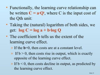Slide 25
• Functionally, the learning curve relationship can
be written C = a·Qb
, where C is the input cost of
the Qth unit:
• Taking the (natural) logarithm of both sides, we
get: log C = log a + b·log Q
• The coefficient b tells us the extent of the
learning curve effect.
» If the b=0, then costs are at a constant level.
» If b > 0, then costs rise in output, which is exactly
opposite of the learning curve effect.
» If b < 0, then costs decline in output, as predicted by
the learning curve effect.
 