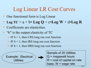 Slide 7
Log Linear LR Cost Curves
• One functional form is Log Linear
• Log TC = a + b• Log Q + c•Log W + d•Log R
• Coefficients are elasticities.
• “b” is the output elasticity of TC
» IF b = 1, then CRS long run cost function
» IF b < 1, then IRS long run cost function
» IF b > 1, then DRS long run cost function
Example: Electrical
Utilities
Sample of 20 Utilities
Q = megawatt hours
R = cost of capital on rate
base, W = wage rate
 