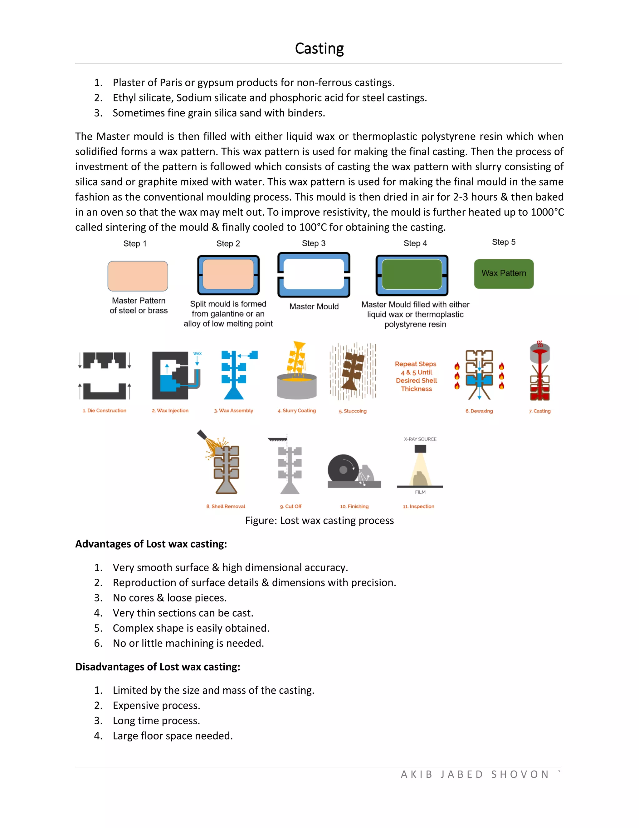Casting
A K I B J A B E D S H O V O N `
1. Plaster of Paris or gypsum products for non-ferrous castings.
2. Ethyl silicate, Sodium silicate and phosphoric acid for steel castings.
3. Sometimes fine grain silica sand with binders.
The Master mould is then filled with either liquid wax or thermoplastic polystyrene resin which when
solidified forms a wax pattern. This wax pattern is used for making the final casting. Then the process of
investment of the pattern is followed which consists of casting the wax pattern with slurry consisting of
silica sand or graphite mixed with water. This wax pattern is used for making the final mould in the same
fashion as the conventional moulding process. This mould is then dried in air for 2-3 hours & then baked
in an oven so that the wax may melt out. To improve resistivity, the mould is further heated up to 1000°C
called sintering of the mould & finally cooled to 100°C for obtaining the casting.
Figure: Lost wax casting process
Advantages of Lost wax casting:
1. Very smooth surface & high dimensional accuracy.
2. Reproduction of surface details & dimensions with precision.
3. No cores & loose pieces.
4. Very thin sections can be cast.
5. Complex shape is easily obtained.
6. No or little machining is needed.
Disadvantages of Lost wax casting:
1. Limited by the size and mass of the casting.
2. Expensive process.
3. Long time process.
4. Large floor space needed.
 