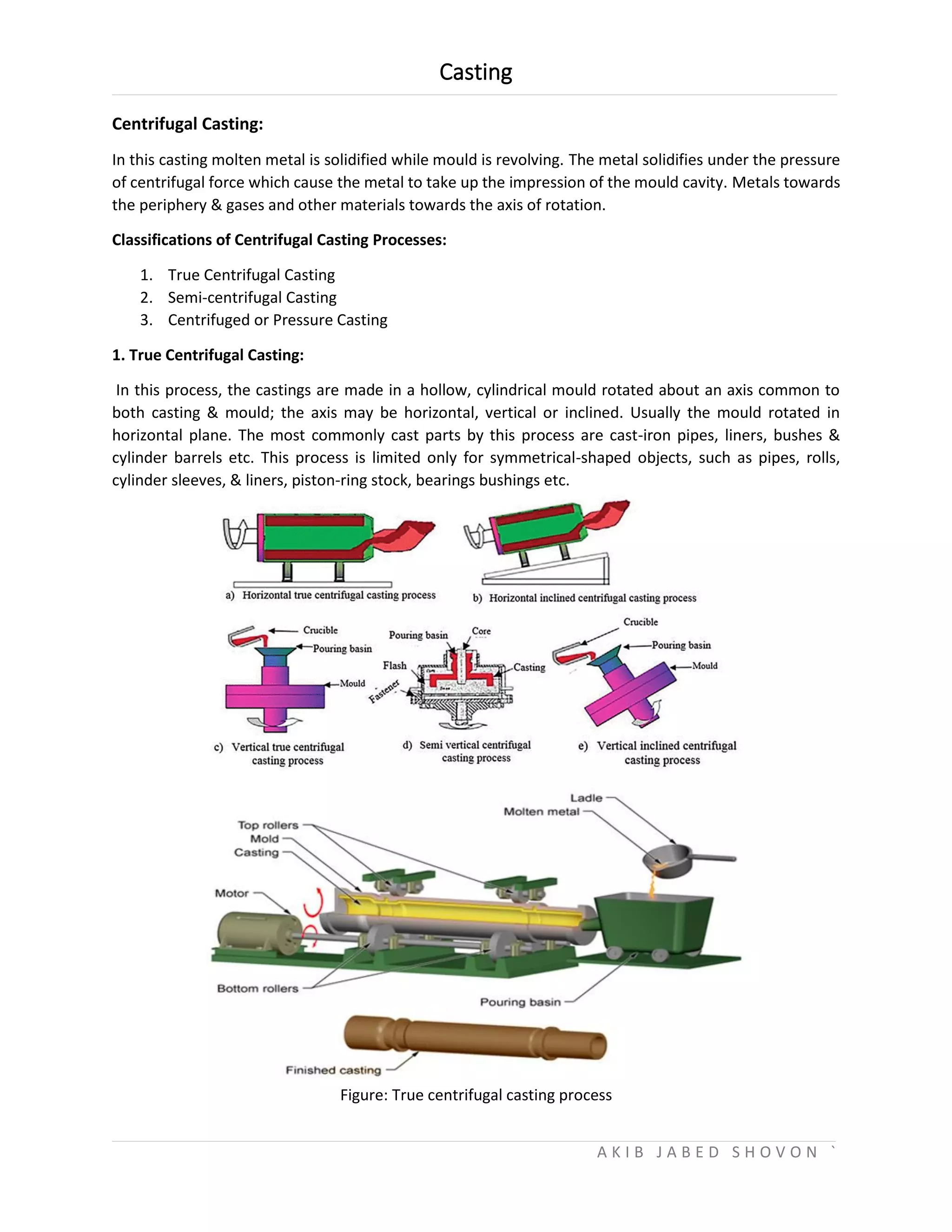 Casting
A K I B J A B E D S H O V O N `
Centrifugal Casting:
In this casting molten metal is solidified while mould is revolving. The metal solidifies under the pressure
of centrifugal force which cause the metal to take up the impression of the mould cavity. Metals towards
the periphery & gases and other materials towards the axis of rotation.
Classifications of Centrifugal Casting Processes:
1. True Centrifugal Casting
2. Semi-centrifugal Casting
3. Centrifuged or Pressure Casting
1. True Centrifugal Casting:
In this process, the castings are made in a hollow, cylindrical mould rotated about an axis common to
both casting & mould; the axis may be horizontal, vertical or inclined. Usually the mould rotated in
horizontal plane. The most commonly cast parts by this process are cast-iron pipes, liners, bushes &
cylinder barrels etc. This process is limited only for symmetrical-shaped objects, such as pipes, rolls,
cylinder sleeves, & liners, piston-ring stock, bearings bushings etc.
Figure: True centrifugal casting process
 