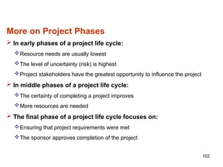 102
More on Project Phases
 In early phases of a project life cycle:
Resource needs are usually lowest
The level of uncertainty (risk) is highest
Project stakeholders have the greatest opportunity to influence the project
 In middle phases of a project life cycle:
The certainty of completing a project improves
More resources are needed
 The final phase of a project life cycle focuses on:
Ensuring that project requirements were met
The sponsor approves completion of the project
 