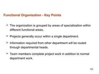 120
Functional Organization - Key Points
 The organization is grouped by areas of specialization within
different functional areas.
 Projects generally occur within a single department.
 Information required from other department will be routed
through departmental heads.
 Team members complete project work in addition to normal
department work.
 