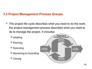 140
3.2 Project Management Process Groups
 The project life cycle describes what you need to do the work,
the project management process describes what you need to
do to manage the project. It includes:
 Initiating
 Planning
 Executing
 Monitoring & Controlling
 Closing
 