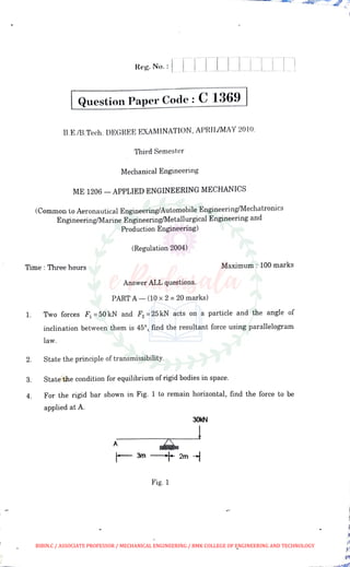 Me 1206 engineering mechanics anna university april may 2010 - solved ...