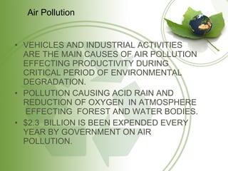 VEHICLES AND INDUSTRIAL ACTIVITIES ARE THE MAIN CAUSES OF AIR POLLUTION EFFECTING PRODUCTIVITY DURING CRITICAL PERIOD OF ENVIRONMENTAL DEGRADATION. POLLUTION CAUSING ACID RAIN AND REDUCTION OF OXYGEN  IN ATMOSPHERE  EFFECTING  FOREST AND WATER BODIES. $2.3  BILLION IS BEEN EXPENDED EVERY YEAR BY GOVERNMENT ON AIR POLLUTION. Air Pollution 