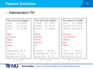 Feature Selection                                                              10




  Intersection>Th:

Top terms for religion:    Top terms for politics:     Top terms for health:
bibl    (0.0897)           lunch (0.1200)              jama    (0.0495)
jesu    (0.0797)           obama (0.1113)              health (0.0378)
god     (0.0796)           polit (0.0982)              report (0.0357)
…                          …                           …
web                        appl                        gossip
python                     googl                       interview
xbox                       teen                        iphon
big                        music                       san
expo                       tv                          texa
…                          …                           …
daytripp (0.0)             sonnet     (0.0)            ilsr       (0.0)
adagio (0.0)               screenplai (0.0)            resystem (0.0)
acustica (0.0)             acustica (0.0)              acustica (0.0)
         0.0002                     0.0002                      0.0001

               Schmiedeke: “Feature Selection Methods for BoW Approaches”
 