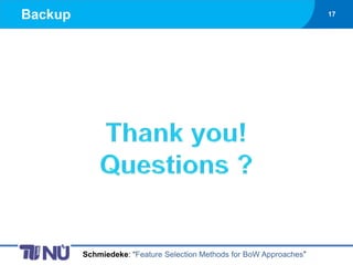 Backup                                                                17




         Schmiedeke: “Feature Selection Methods for BoW Approaches”
 