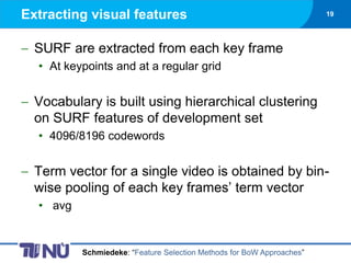Extracting visual features                                             19




  SURF are extracted from each key frame
  • At keypoints and at a regular grid


  Vocabulary is built using hierarchical clustering
  on SURF features of development set
  • 4096/8196 codewords


  Term vector for a single video is obtained by bin-
  wise pooling of each key frames’ term vector
  • avg


          Schmiedeke: “Feature Selection Methods for BoW Approaches”
 