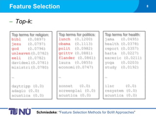 Feature Selection                                                              8




    Top-k:

Top terms for religion:    Top terms for politics:     Top terms for health:
bibl    (0.0897)           lunch (0.1200)              jama    (0.0495)
jesu    (0.0797)           obama (0.1113)              health (0.0378)
god     (0.0796)           polit (0.0982)              report (0.0357)
unleaven(0.0782)           grittv (0.0881)             harta (0.0227)
eeli    (0.0782)           flander (0.0861)            exceric (0.0211)
davideel(0.0781)           laura (0.0855)              yoga    (0.0203)
misistri(0.0780)           economi(0.0747)             study (0.0192)

…                          …                           …

daytripp (0.0)             sonnet   (0.0)              ilsr     (0.0)
adagio (0.0)               screenplai (0.0)            resystem (0.0)
acustica (0.0)             acustica (0.0)              acustica (0.0)



               Schmiedeke: “Feature Selection Methods for BoW Approaches”
 