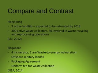 Compare and Contrast
Hong Kong
- 3 active landfills – expected to be saturated by 2018
- 300 active waste collectors, 30 involved in waste recycling
and reprocessing operations
(Liu, 2012)
Singapore
- 4 incinerator, 2 are Waste-to-energy incineration
- Offshore sanitary landfill
- Packaging Agreement
- Uniform fee for waste collection
(NEA, 2014)
 