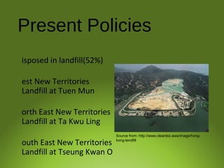 Present Policies
isposed in landfill(52%)
est New Territories
Landfill at Tuen Mun
orth East New Territories
Landfill at Ta Kwu Ling
outh East New Territories
Landfill at Tseung Kwan O
Source from: http://www.cleanbiz.asia/image/hong-
kong-landfill
 