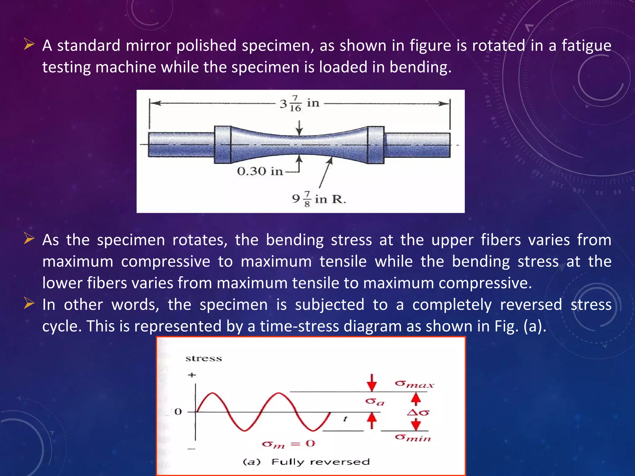  A standard mirror polished specimen, as shown in figure is rotated in a fatigue
testing machine while the specimen is loaded in bending.
 As the specimen rotates, the bending stress at the upper fibers varies from
maximum compressive to maximum tensile while the bending stress at the
lower fibers varies from maximum tensile to maximum compressive.
 In other words, the specimen is subjected to a completely reversed stress
cycle. This is represented by a time-stress diagram as shown in Fig. (a).
 