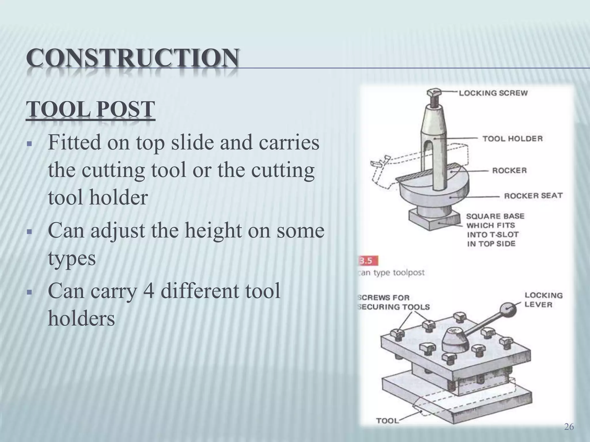 CONSTRUCTION
TOOL POST
 Fitted on top slide and carries
the cutting tool or the cutting
tool holder
 Can adjust the height on some
types
 Can carry 4 different tool
holders
26
 