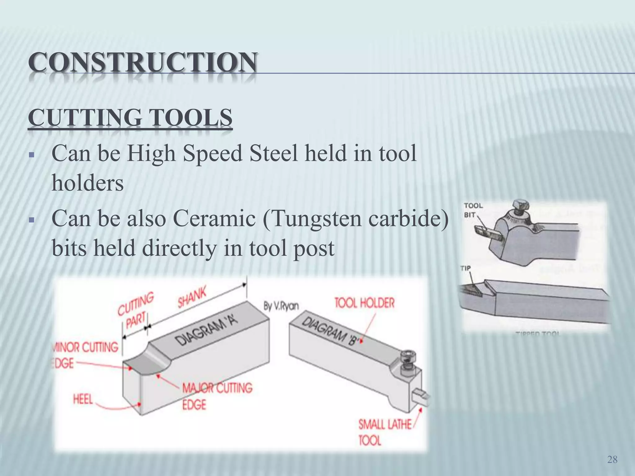 CONSTRUCTION
CUTTING TOOLS
 Can be High Speed Steel held in tool
holders
 Can be also Ceramic (Tungsten carbide)
bits held directly in tool post
28
 