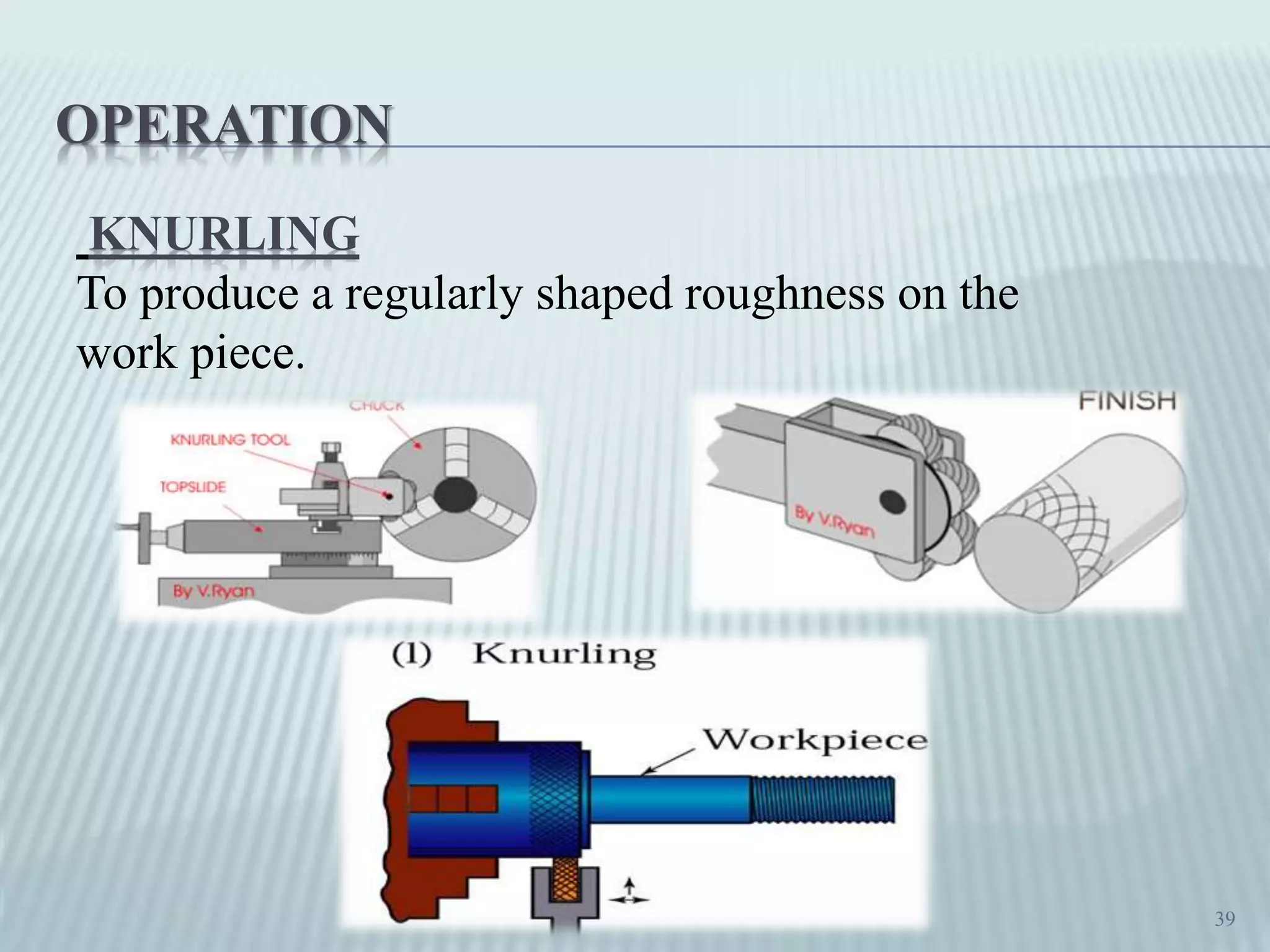 OPERATION
KNURLING
To produce a regularly shaped roughness on the
work piece.
39
 