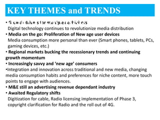 KEY THEMES and TRENDS
•GOING FORWARD
 Growth drivers for multiplex exhibitors
 Digital technology continues to revolutionize media distribution
• Media on the go: Proliferation of New age user devices
 Media consumption more personal than ever (Smart phones, tablets, PCs,
 gaming devices, etc.)
• Regional markets bucking the recessionary trends and continuing
growth momentum
• Increasingly savvy and ‘new age’ consumers
•Integration and innovation across traditional and new media, changing
media consumption habits and preferences for niche content, more touch
points to engage with audiences.
• M&E still an advertising revenue dependant industry
• Awaited Regulatory shifts
 Digitization for cable, Radio licensing implementation of Phase 3,
 copyright clarification for Radio and the roll out of 4G.
 