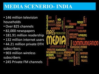 MEDIA SCENERIO- INDIA
• 146 million television
households
• Over 825 channels
• 82,000 newspapers
• 181.91 million readership
• 132 million internet users
• 44.21 million private DTH
subscribers
• 903 million wireless
subscribers
• 245 Private FM channels
 