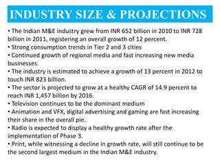 INDUSTRY SIZE & PROJECTIONS
• The Indian M&E industry grew from INR 652 billion in 2010 to INR 728
billion in 2011, registering an overall growth of 12 percent.
• Strong consumption trends in Tier 2 and 3 cities
• Continued growth of regional media and fast increasing new media
businesses.
• The industry is estimated to achieve a growth of 13 percent in 2012 to
touch INR 823 billion.
• The sector is projected to grow at a healthy CAGR of 14.9 percent to
reach INR 1,457 billion by 2016.
• Television continues to be the dominant medium
• Animation and VFX, digital advertising and gaming are fast increasing
their share in the overall pie.
• Radio is expected to display a healthy growth rate after the
implementation of Phase 3.
• Print, while witnessing a decline in growth rate, will still continue to be
the second largest medium in the Indian M&E industry.
 