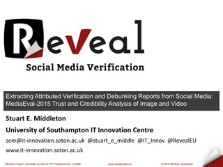 REVEAL Project: Co-funded by the EU FP7 Programme Nr.: 610928 www.revealproject.eu © 2015 REVEAL consortium
Your Name – Your Company
your@email
www.yourwebsite.com
Stuart E. Middleton
University of Southampton IT Innovation Centre
sem@it-innovation.soton.ac.uk @stuart_e_middle @IT_Innov @RevealEU
www.it-innovation.soton.ac.uk
Extracting Attributed Verification and Debunking Reports from Social Media:
MediaEval-2015 Trust and Credibility Analysis of Image and Video
 