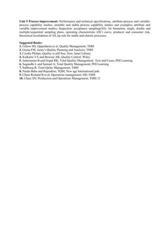 Unit 5 Process improvement: Performance and technical specifications, attribute-process and variable-
process capability studies; unstable and stable process capability studies and examples; attribute and
variable improvement studies; Inspection: acceptance sampling(AS)- lot formation, single, double and
multiple/sequential sampling plans, operating characteristic (OC) curve, producer and consumer risk,
theoretical invalidation of AS, kp rule for stable and chaotic processes.
Suggested Books:
1. Gitlow HS, Oppenheim et al; Quality Management; TMH
2. Gryna FM; Juran’s Quality Planning and Analysis; TMH
3. Crosby Philips; Quality is still free; New Amer Library
4. Kulkarni VA and Bewoor AK; Quality Control; Wiley
5. Jankiraman B and Gopal RK; Total Quality Management- Text and Cases; PHI Learning
6. Sugandhi L and Samual A; Total Quality Management; PHI Learning
7. Subburaj R; Total Qality Management; TMH
8. Naidu Babu and Rajendran; TQM; New age International pub;
9. Chase Richard B et al; Operations management; SIE-TMH
10. Chary SN; Production and Operations Management; TMH 12
 