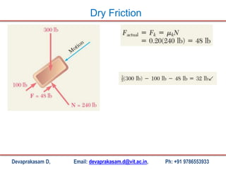 Devaprakasam D, Email: devaprakasam.d@vit.ac.in, Ph: +91 9786553933
Dry Friction
 