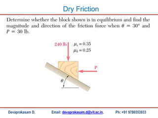 Devaprakasam D, Email: devaprakasam.d@vit.ac.in, Ph: +91 9786553933
Dry Friction
 