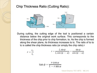 Chip Thickness Ratio (Cutting Ratio):

During cutting, the cutting edge of the tool is positioned a certain
distance below the original work surface. This corresponds to the
thickness of the chip prior to chip formation, to. As the chip is formed
along the shear plane, its thickness increases to tc. The ratio of to to
tc is called the chip thickness ratio (or simply the chip ratio) r

Vikrant Sharma FET, MITS

ME 210

 