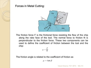 Forces in Metal Cutting:

The friction force F is the frictional force resisting the flow of the chip
along the rake face of the tool. The normal force to friction N is
perpendicular to the friction force. These two components can be
used to define the coefficient of friction between the tool and the
chip:

The friction angle is related to the coefficient of friction as

Vikrant Sharma FET, MITS

ME 210

 